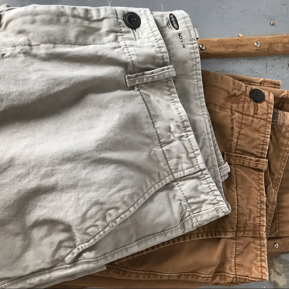 TWO pairs of Old Navy Khakis. Broken-in, slim fit.